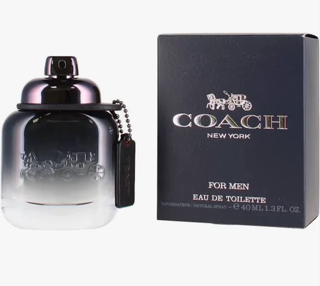Coach for Men eau de toilette bottle beside its black box