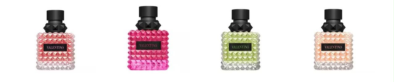 Row of studded Valentino Donna Born In Roma fragrance bottles