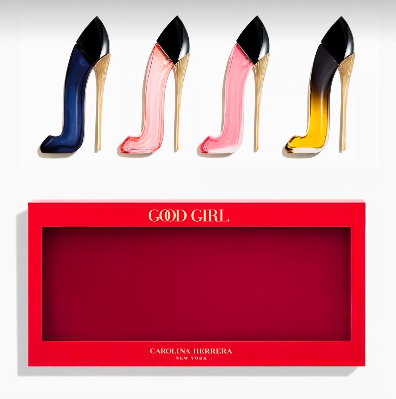 Carolina Herrera Good Girl stiletto bottles in blue, pink and gold