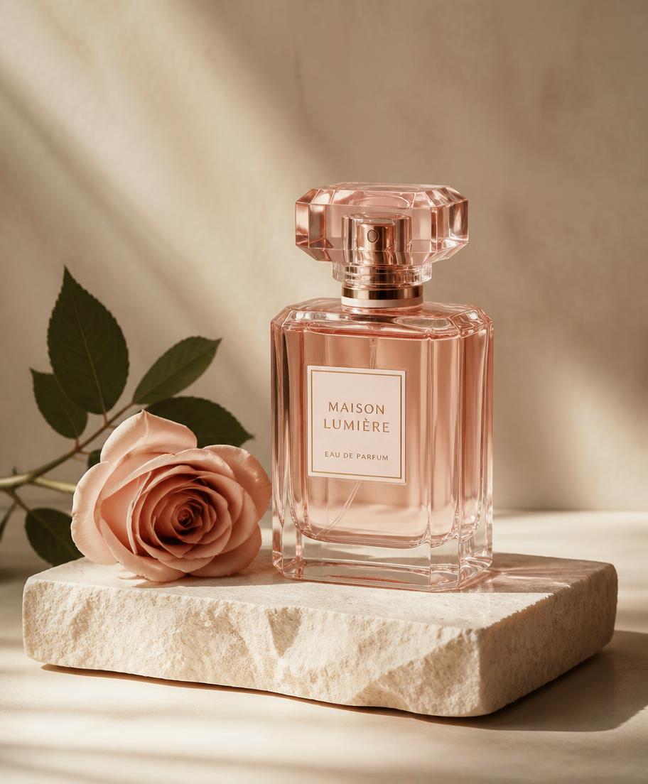 Blush pink perfume bottle beside a rose