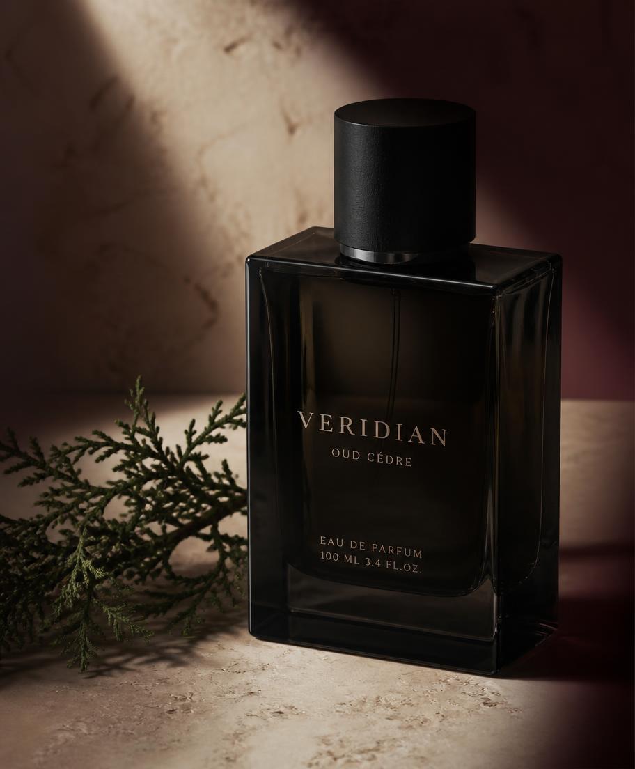 Dark glass cologne bottle beside cedar