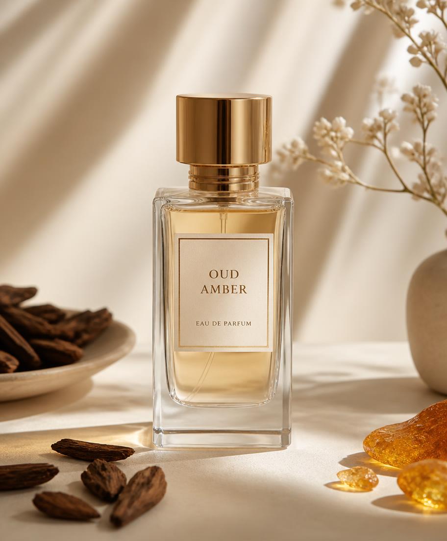 Clear perfume bottle with gold cap beside oud wood