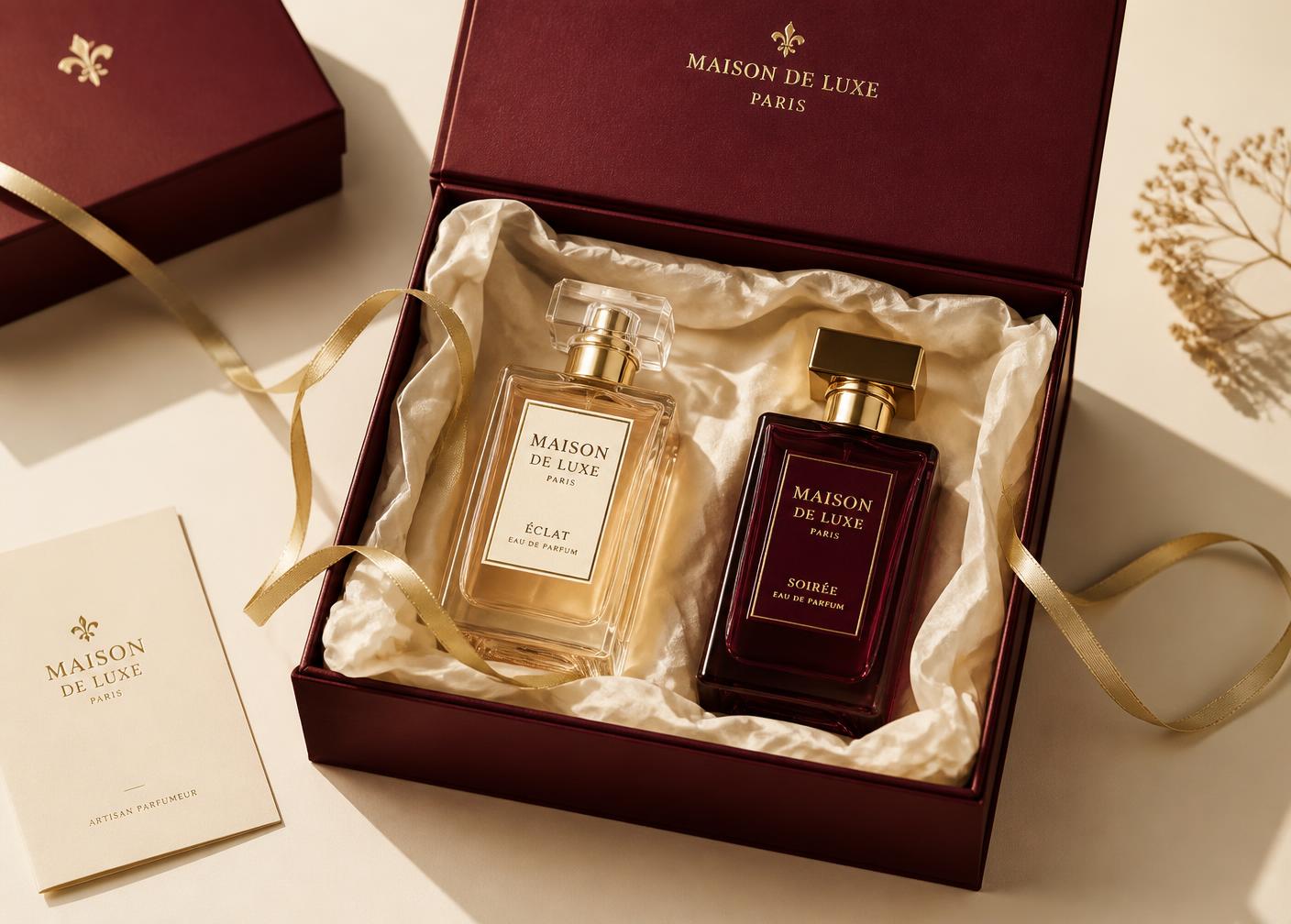 Perfume gift set presented in a burgundy box with gold ribbon