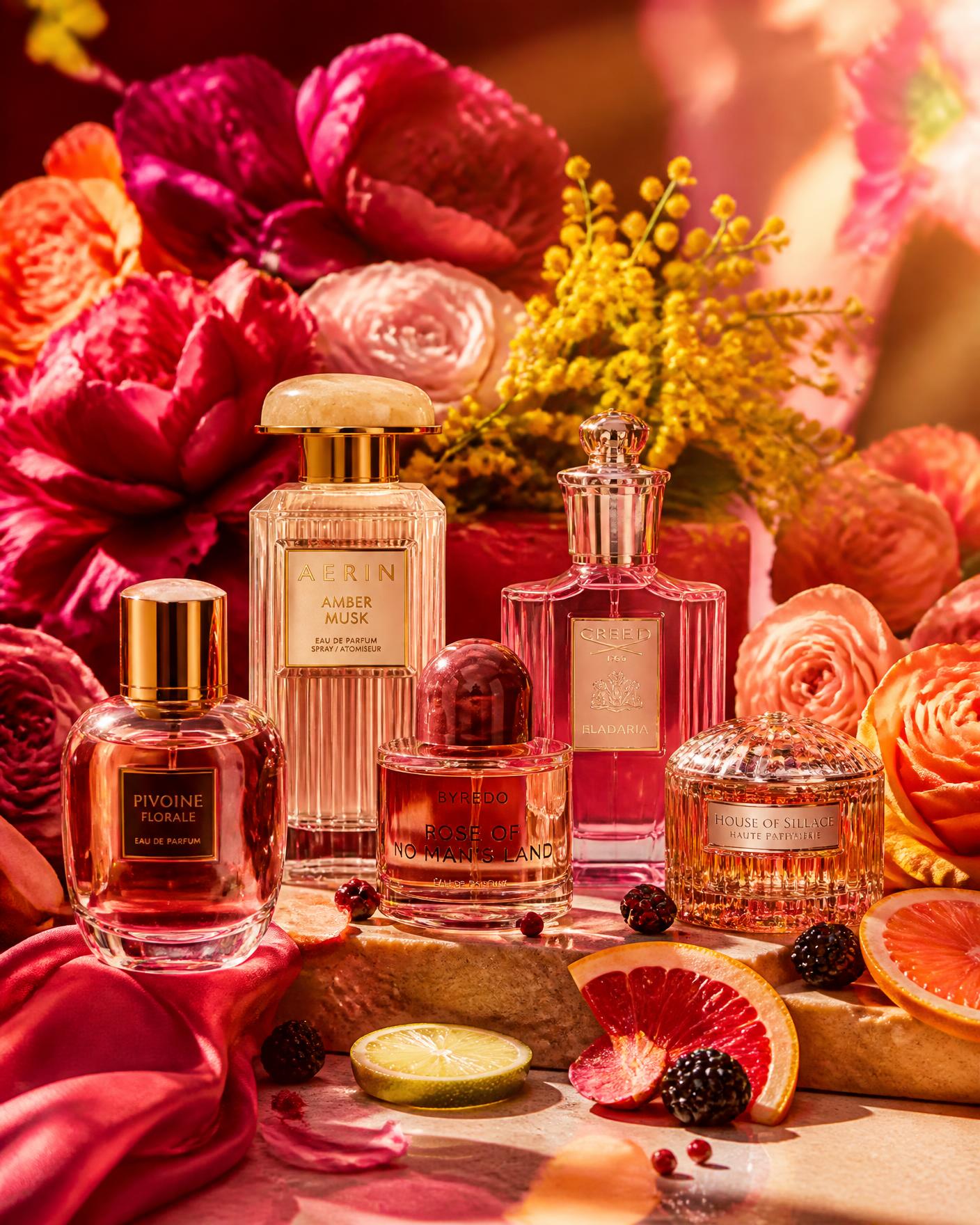 Fragrance bottles on a cream surface with burgundy silk