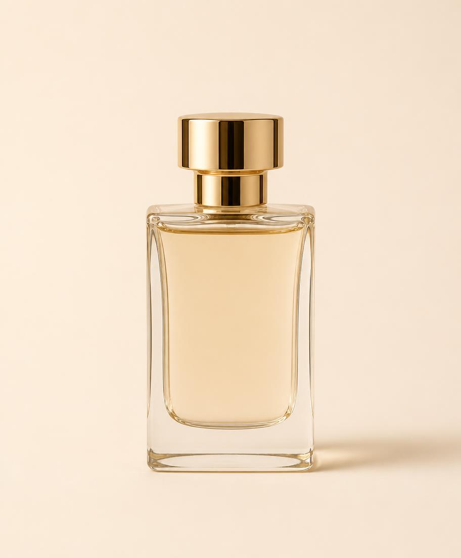 Gold-capped perfume bottle on cream background